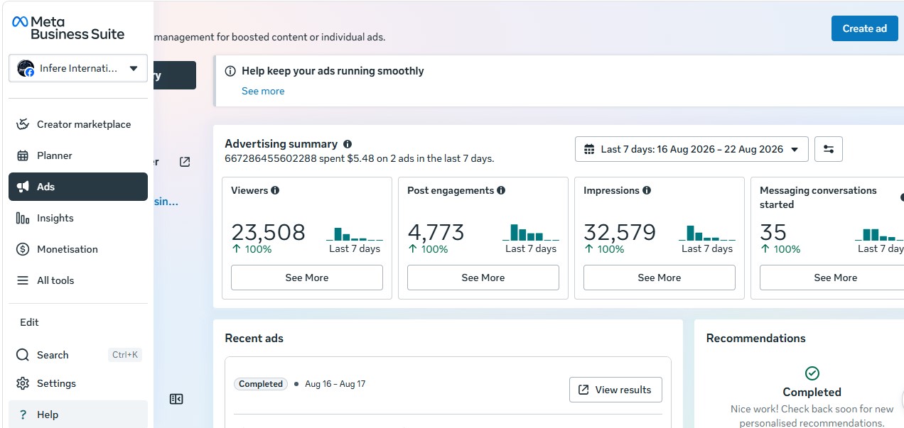 Infere International Meta Ads results