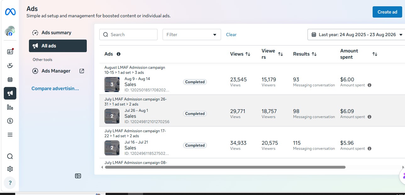 Paramedical Training Sylhet Meta Ads results, desktop view